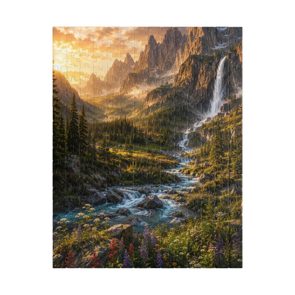Mountain Valley Waterfall Jigsaw Puzzle — Scenic Nature Landscape Puzzle (110/252/520/1014 pcs)