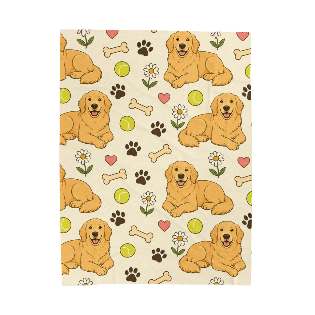 Golden Retriever Pattern Velveteen Plush Blanket — Cute Dog, Paw & Toy Design