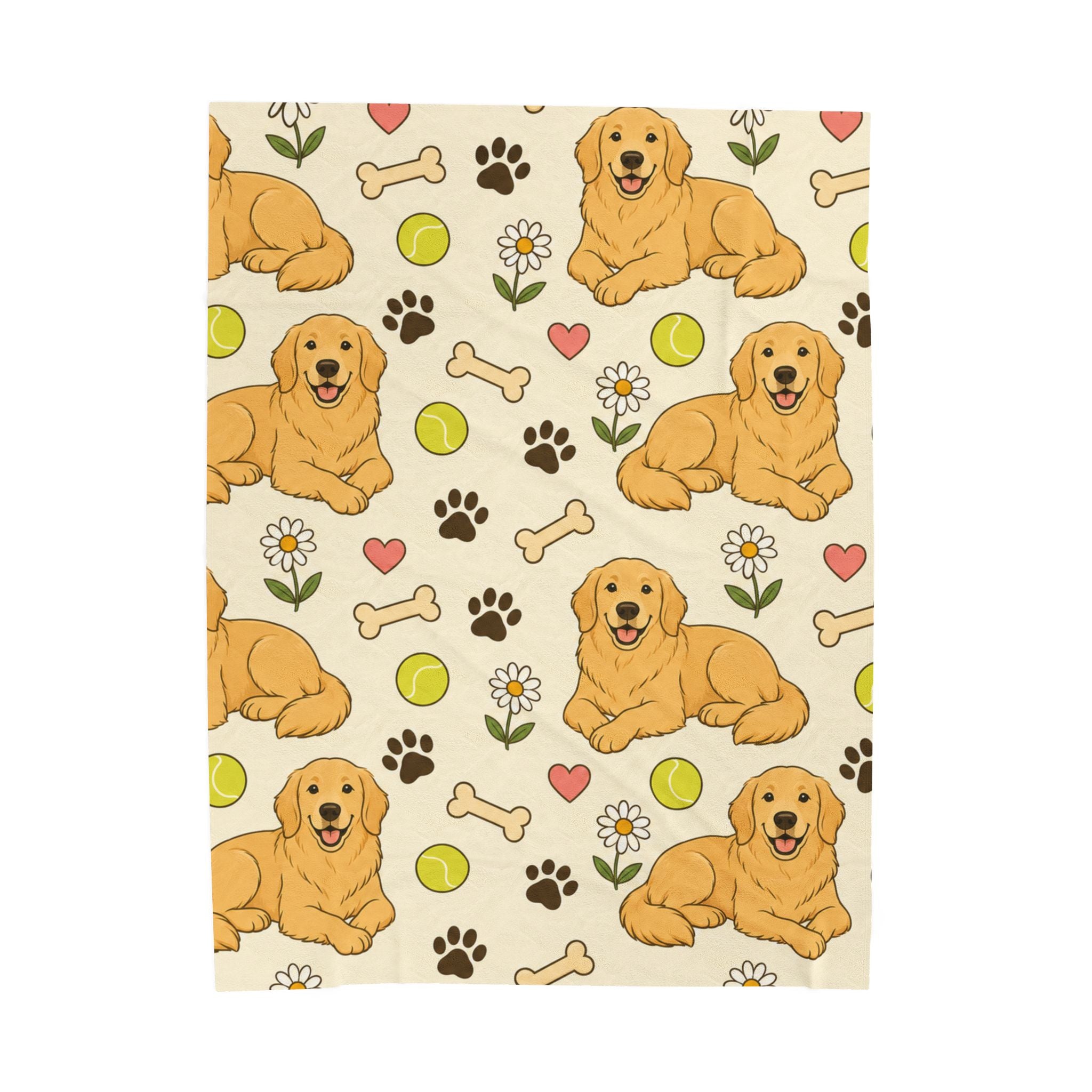 Golden Retriever Pattern Velveteen Plush Blanket — Cute Dog, Paw & Toy Design