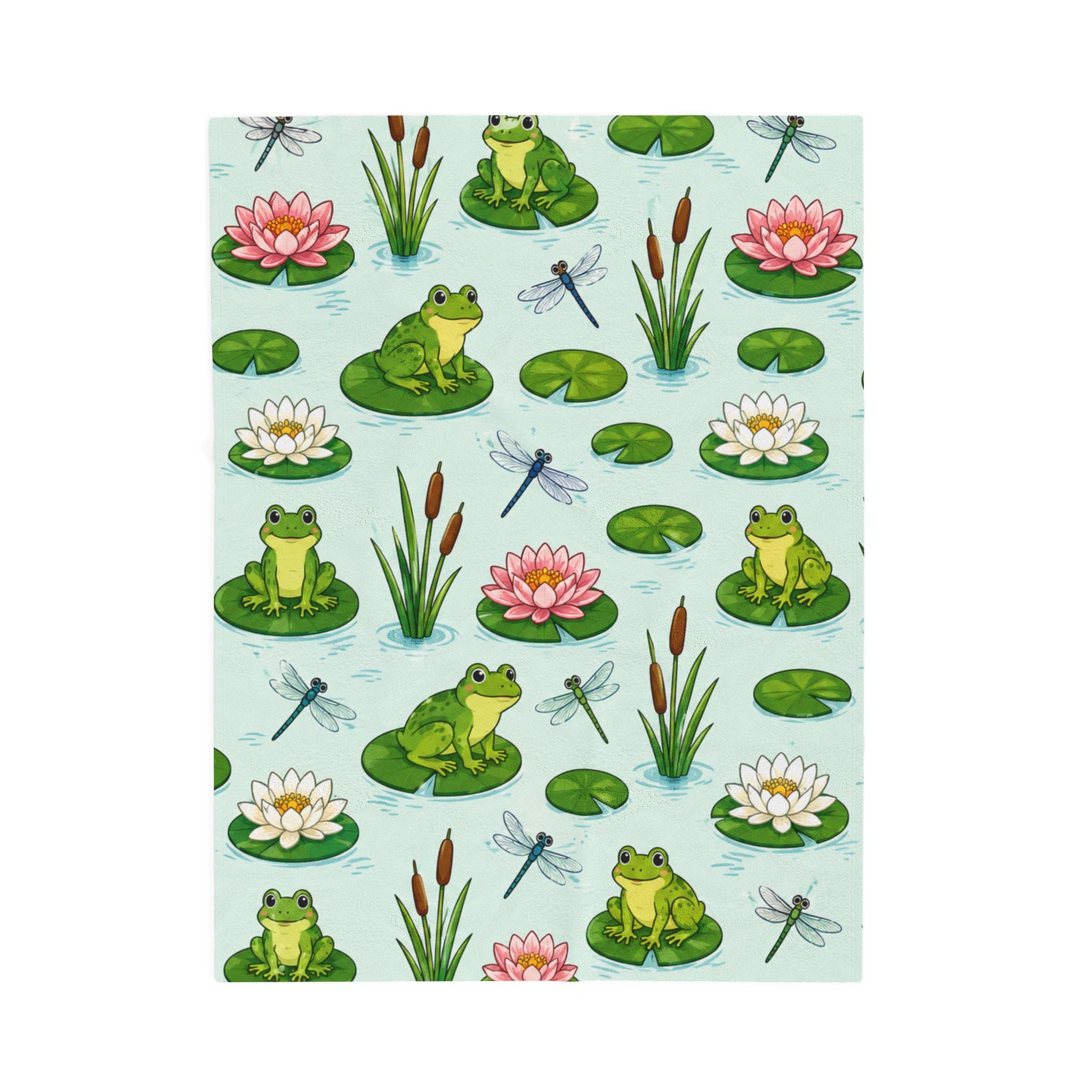 Frog Pond Velveteen Plush Blanket — Cute Lily Pad & Dragonfly Throw