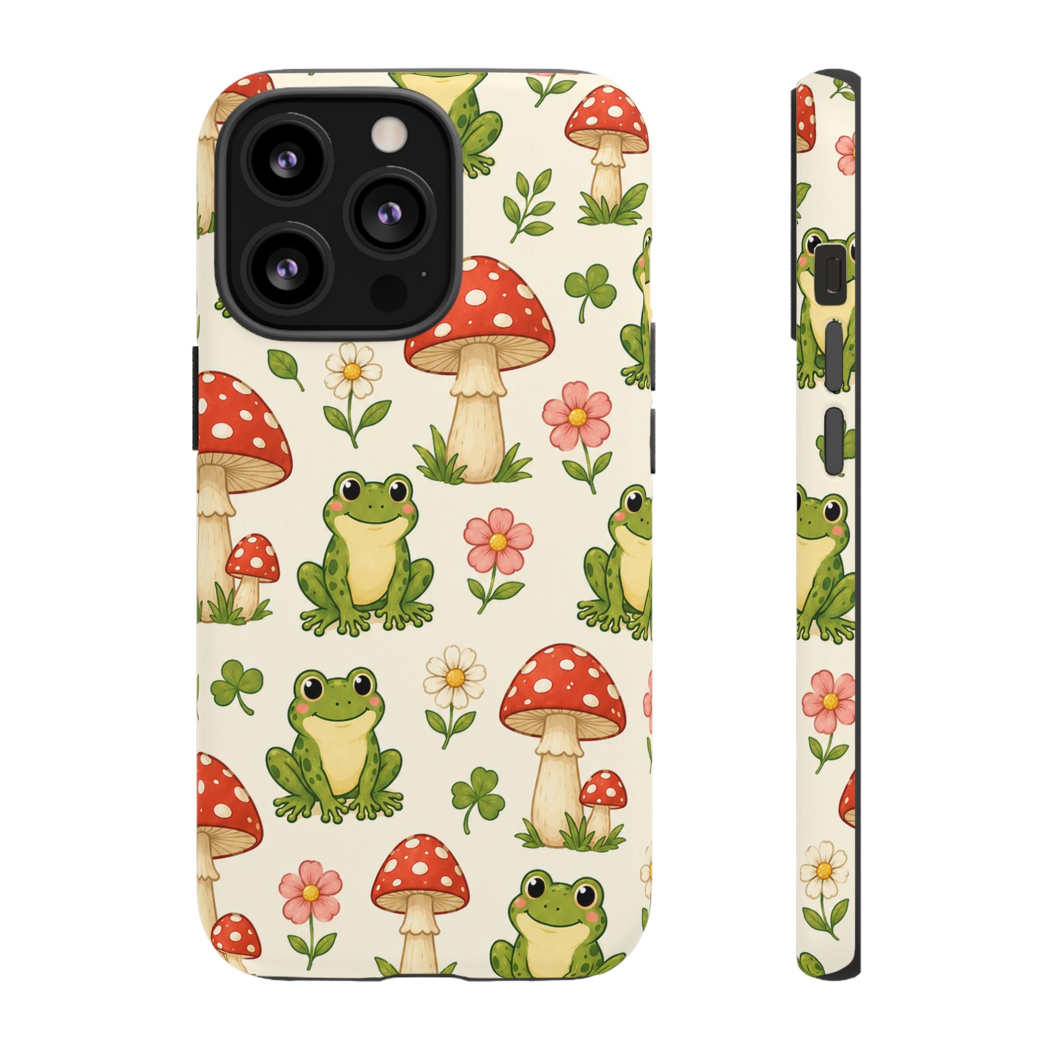 Kawaii Frog & Red Capped Mushroom Phone Case – Cute Nature Pattern Protective Cover