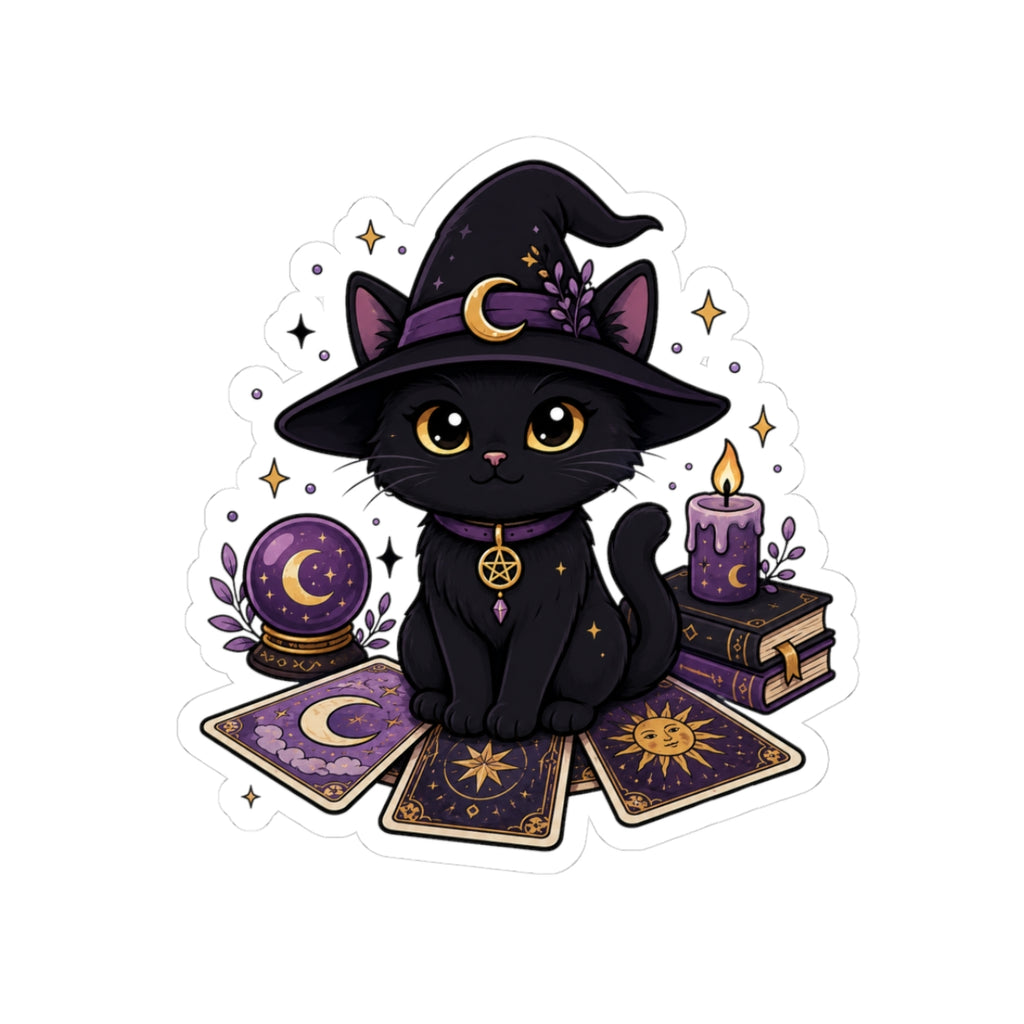 Witch Cat Tarot Sticker — Cute Black Cat Witch Kiss-Cut Sticker