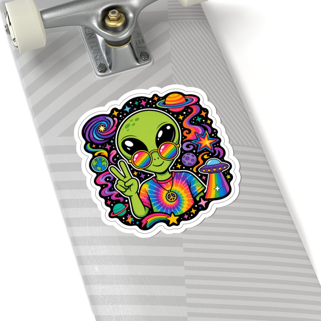 Psychedelic Alien Peace Sticker — Rainbow Tie-Dye UFO Kiss-Cut Decal