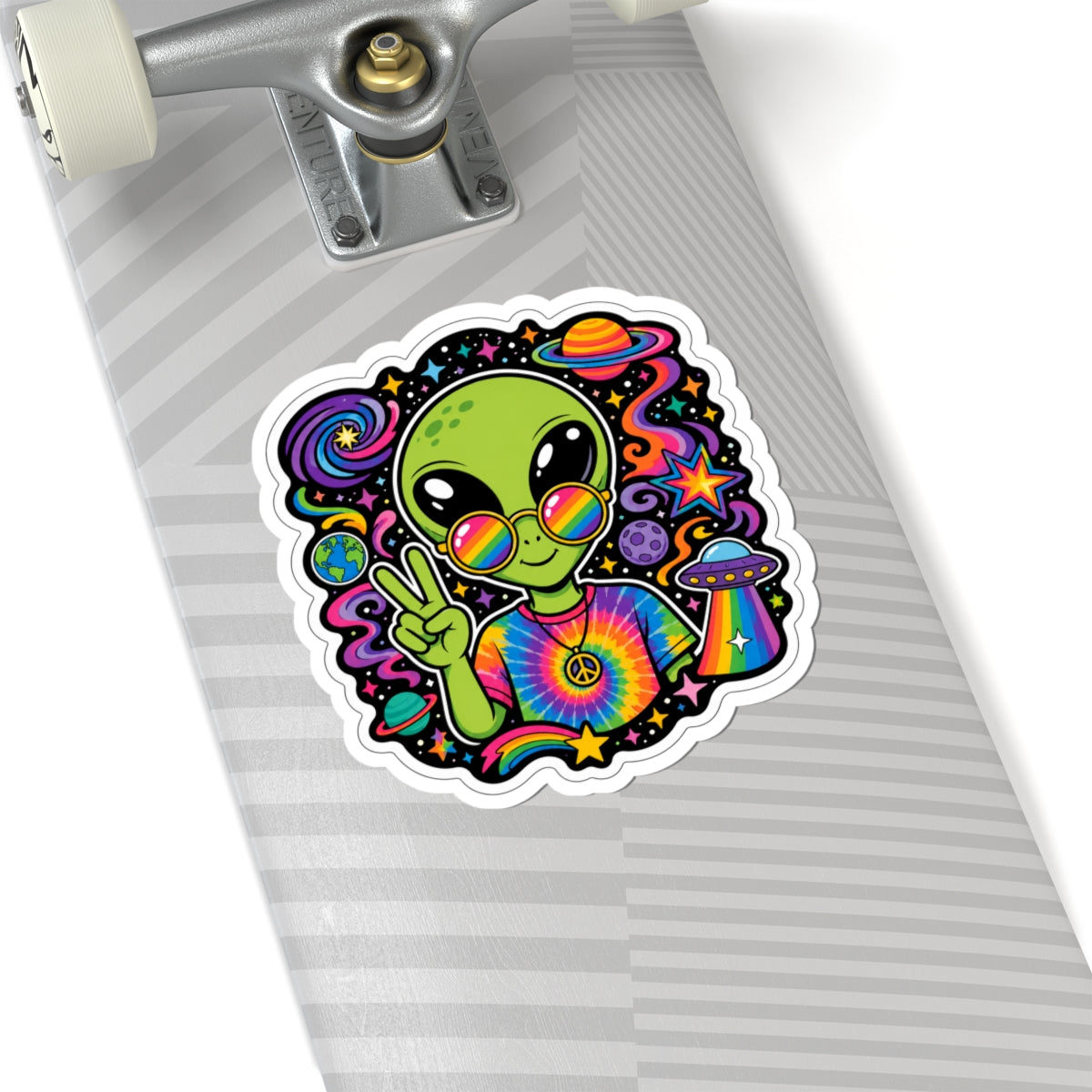 Psychedelic Alien Peace Sticker — Rainbow Tie-Dye UFO Kiss-Cut Decal