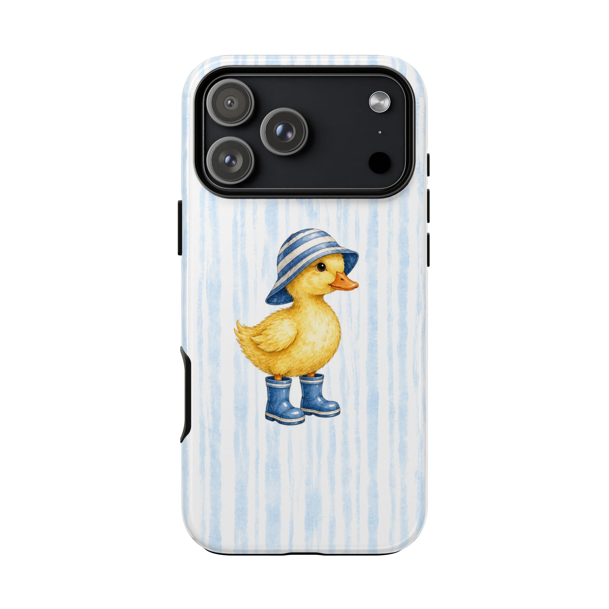 Cute Duckling Phone Case – Baby Blue Stripes with Duck in Hat & Boots
