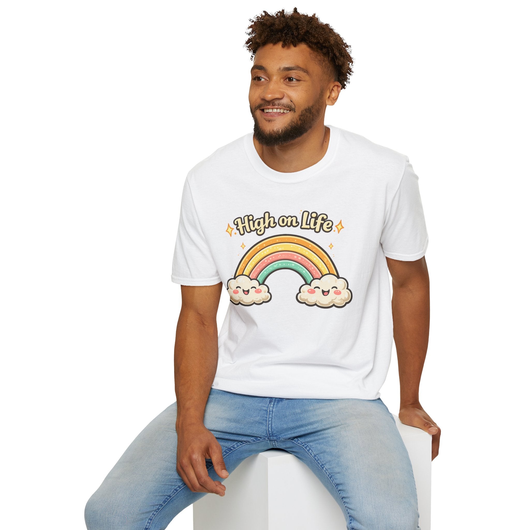 High on Life Cute Rainbow Tee (Retro Pastel Clouds) Gift T-Shirt