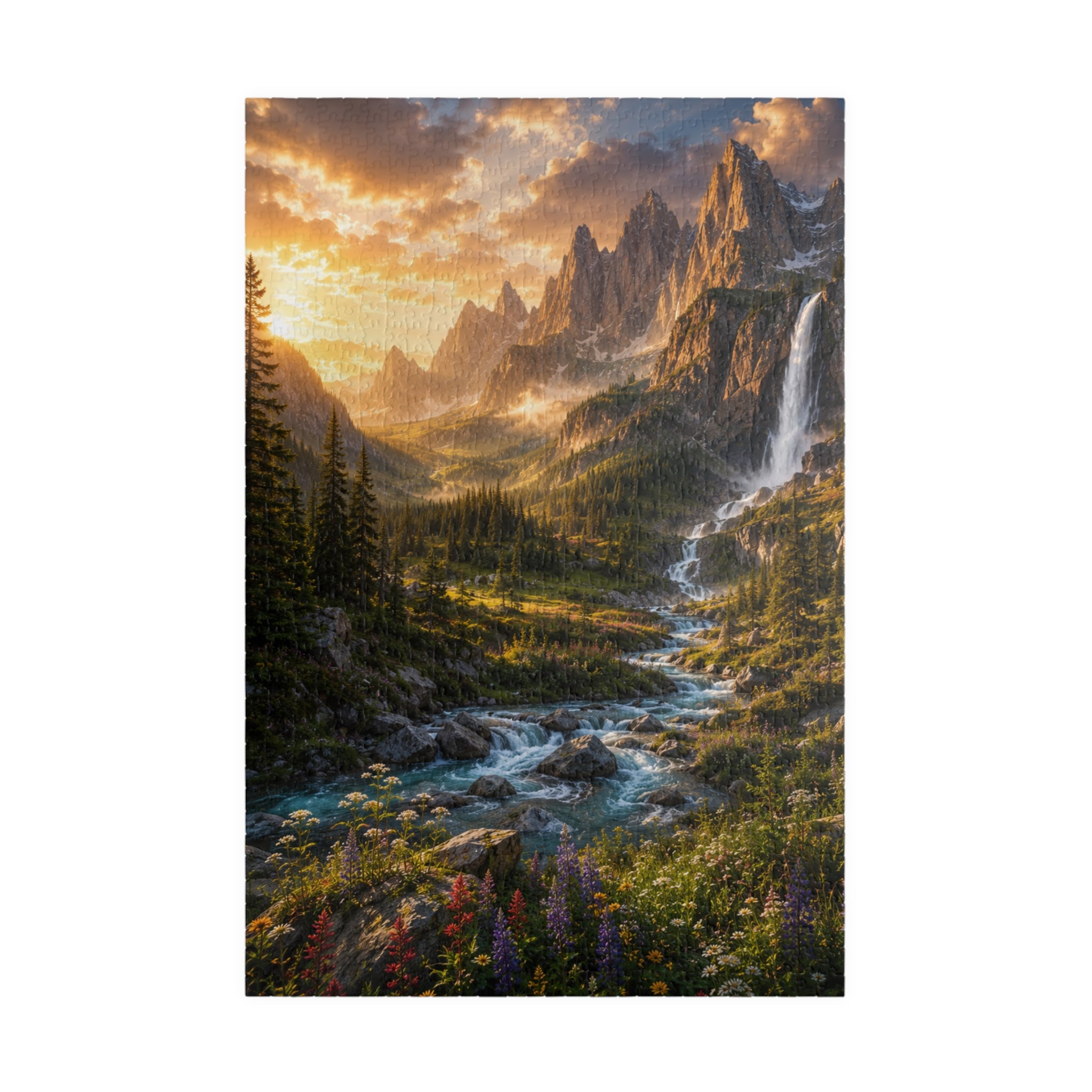 Mountain Valley Waterfall Jigsaw Puzzle — Scenic Nature Landscape Puzzle (110/252/520/1014 pcs)