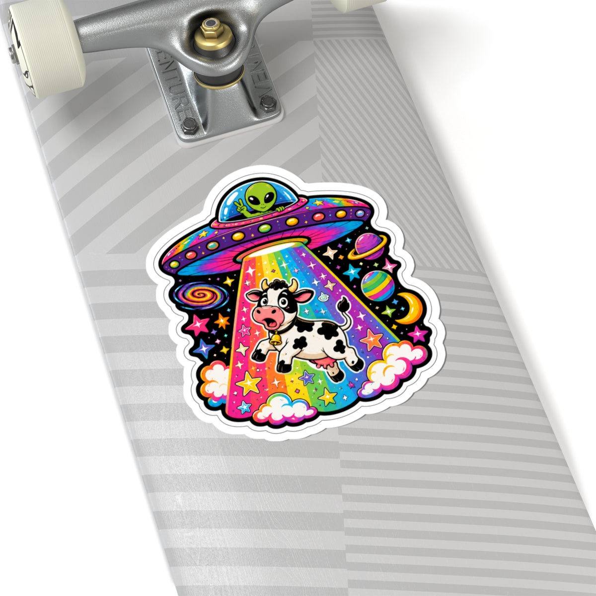 Alien UFO Cow Kiss-Cut Sticker — Colorful Rainbow Space Abduction Vinyl Decal