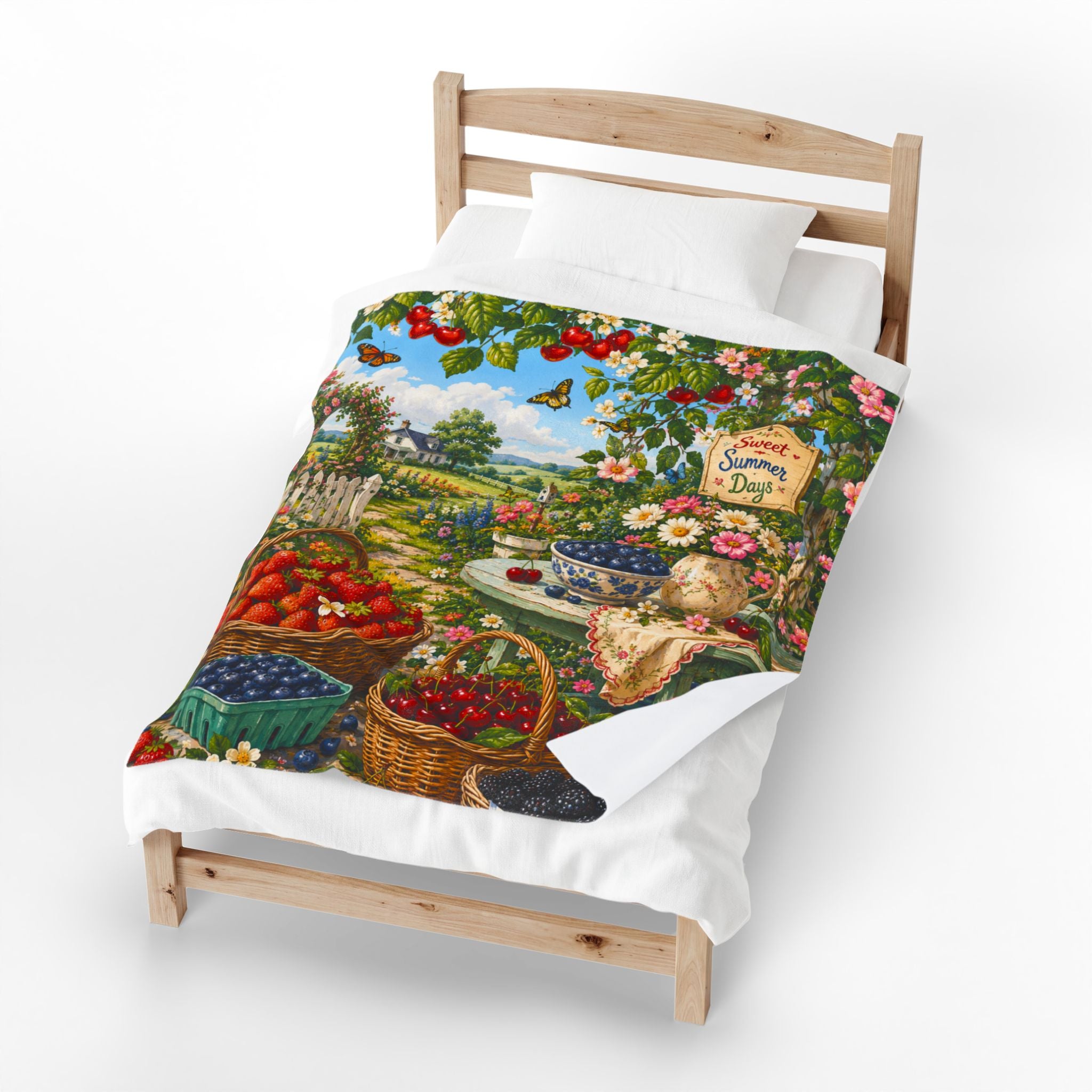 Velveteen Blanket — "Sweet Summer Days" Cottage Garden Berry Print Plush Throw