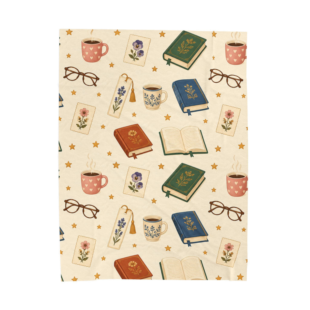 Reading Nook Velveteen Plush Blanket — Cozy Book & Tea Pattern Throw