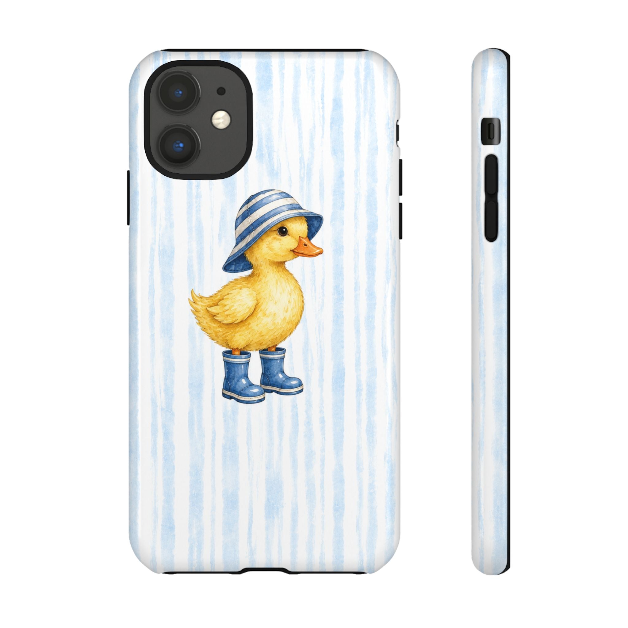 Cute Duckling Phone Case – Baby Blue Stripes with Duck in Hat & Boots