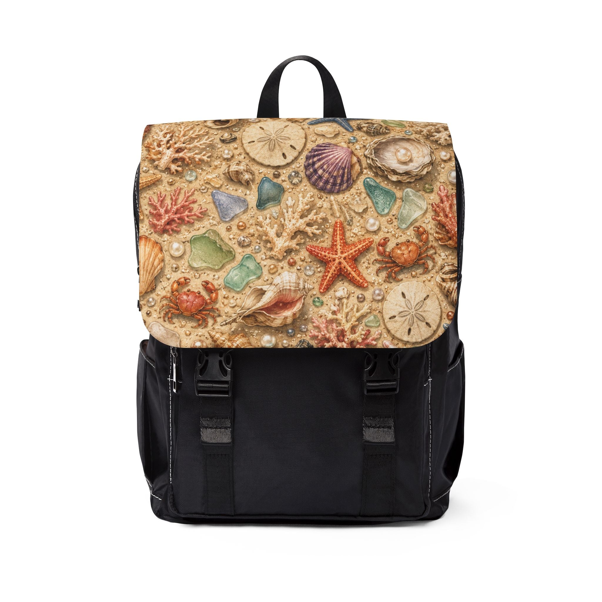Beach Shells Shoulder Backpack — Coastal Sand & Sea Glass Casual Shoulder Bag