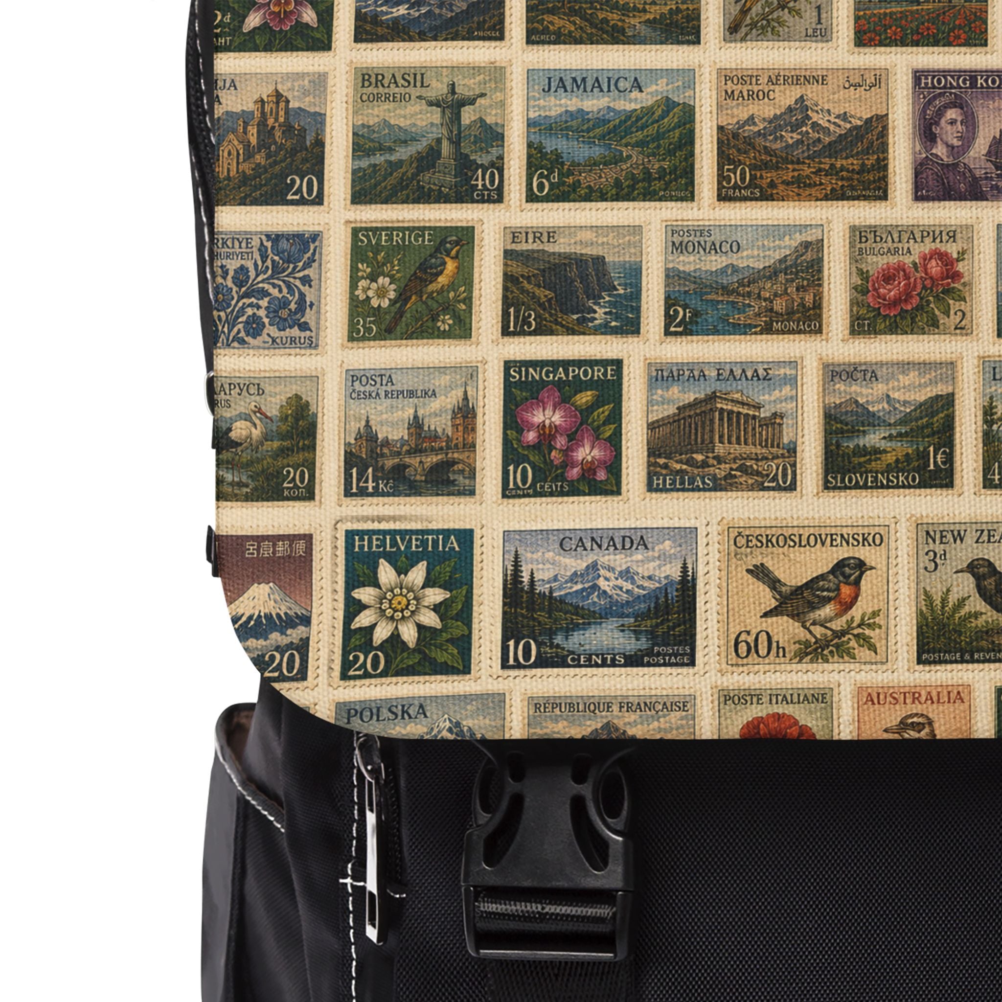 Vintage Postage Stamp Backpack - Casual Shoulder Bag with Retro Travel Collage