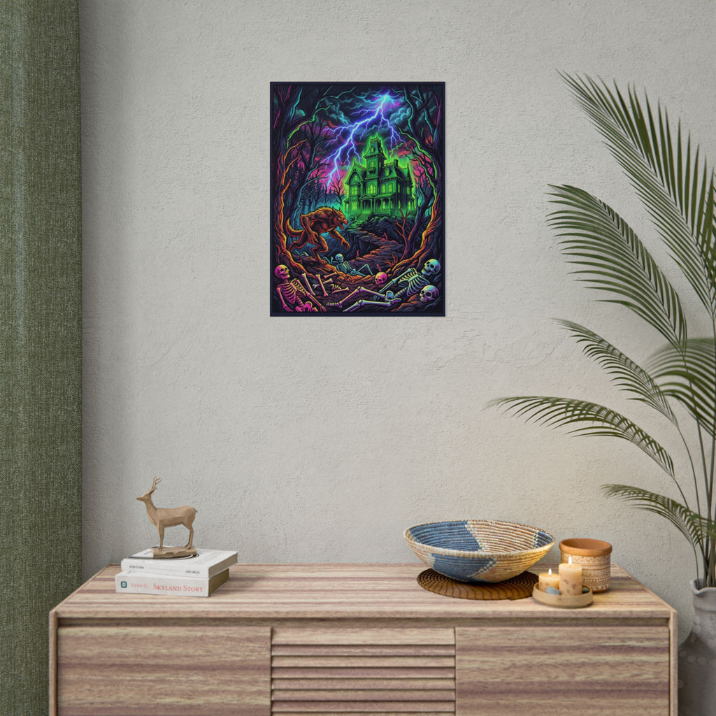 Haunted Manor Neon Pop Art Poster — Spooky Werewolf Horror Wall Art (Rolled Poster)