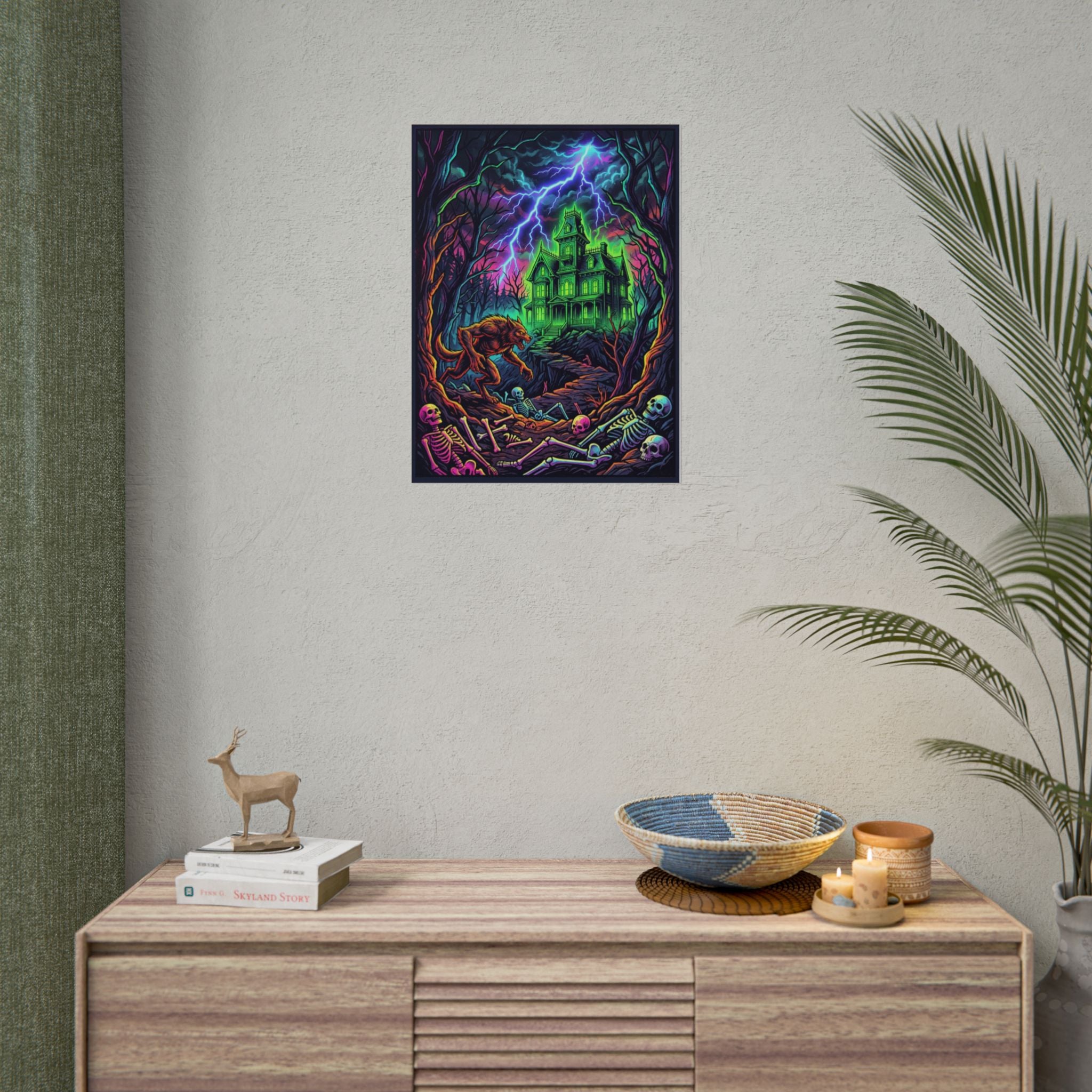 Haunted Manor Neon Pop Art Poster — Spooky Werewolf Horror Wall Art (Rolled Poster)