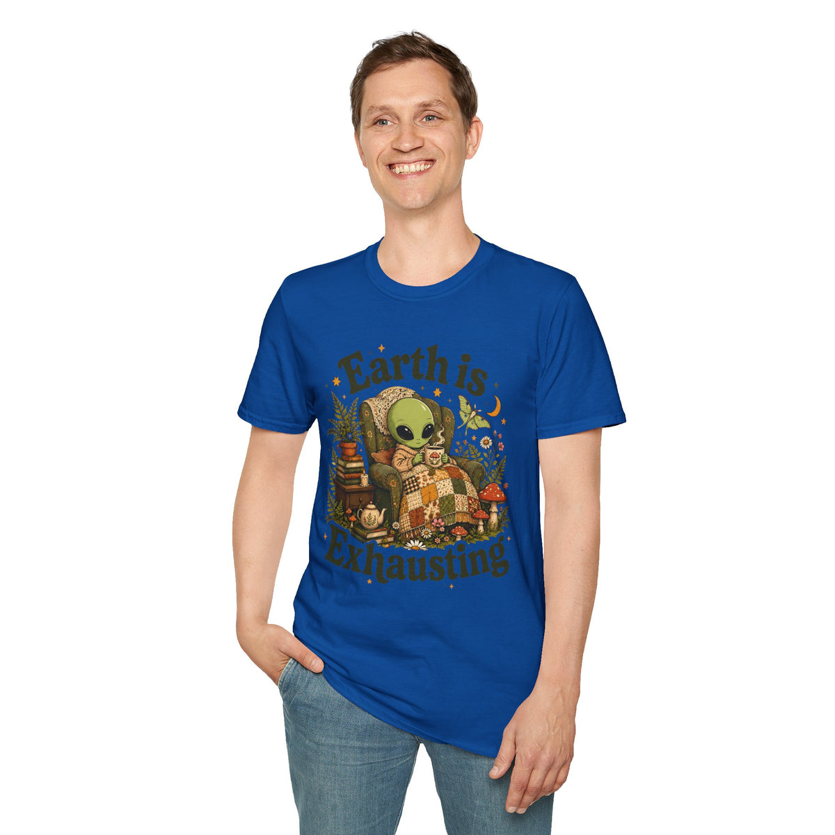 Earth Is Exhausting Alien T-Shirt — Cute Retro Cozy Space Graphic Tee