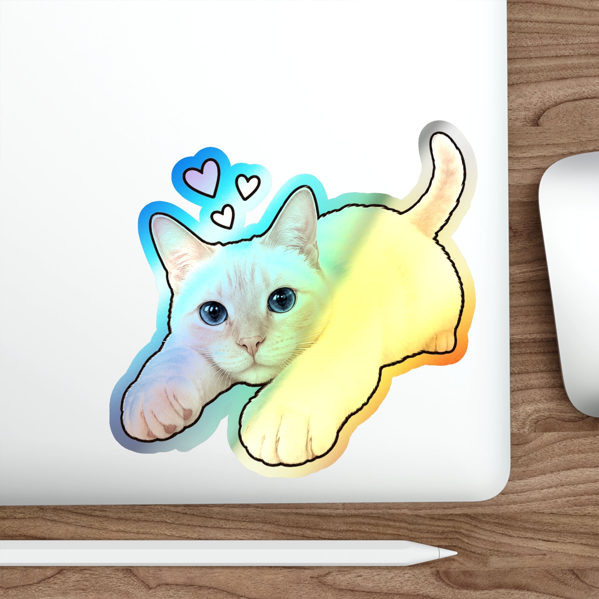 Holographic Cat Die-Cut Sticker — Cute Siamese Kitten with Hearts
