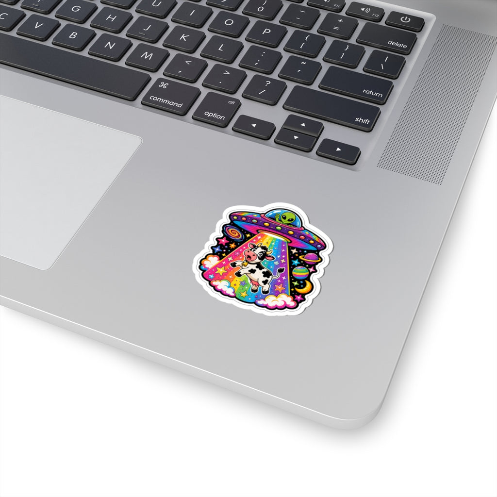 Alien UFO Cow Kiss-Cut Sticker — Colorful Rainbow Space Abduction Vinyl Decal