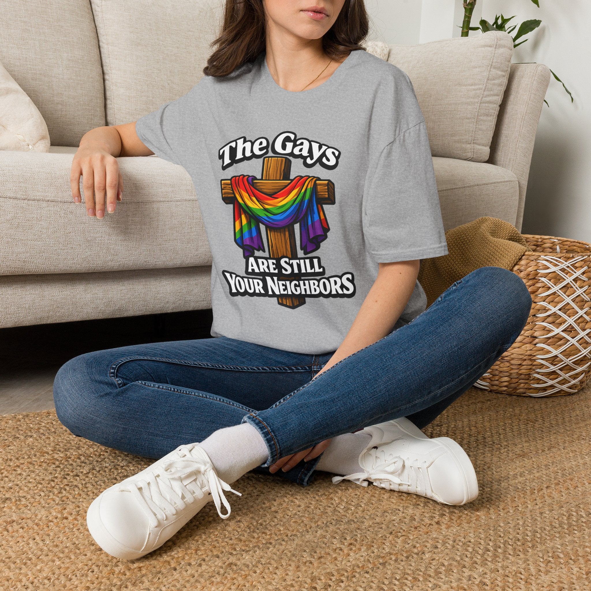 T-Shirt — “The Gays Are Still Your Neighbors” Rainbow Cross Pride Tee