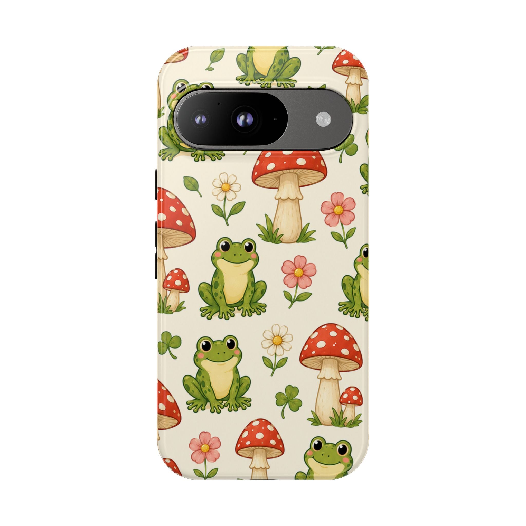 Kawaii Frog & Red Capped Mushroom Phone Case – Cute Nature Pattern Protective Cover