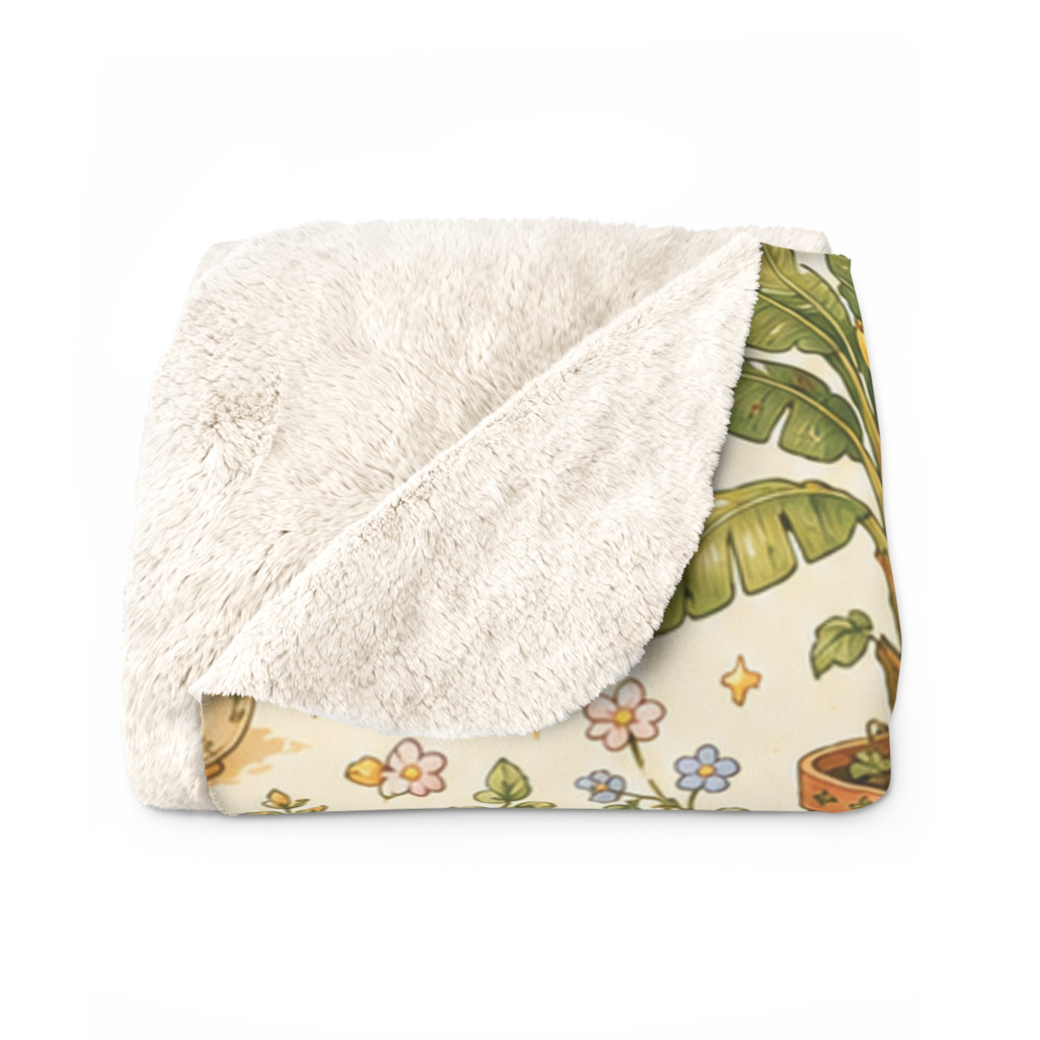 Vintage Banana Sherpa Blanket — Cozy Garden Basket Fleece Throw