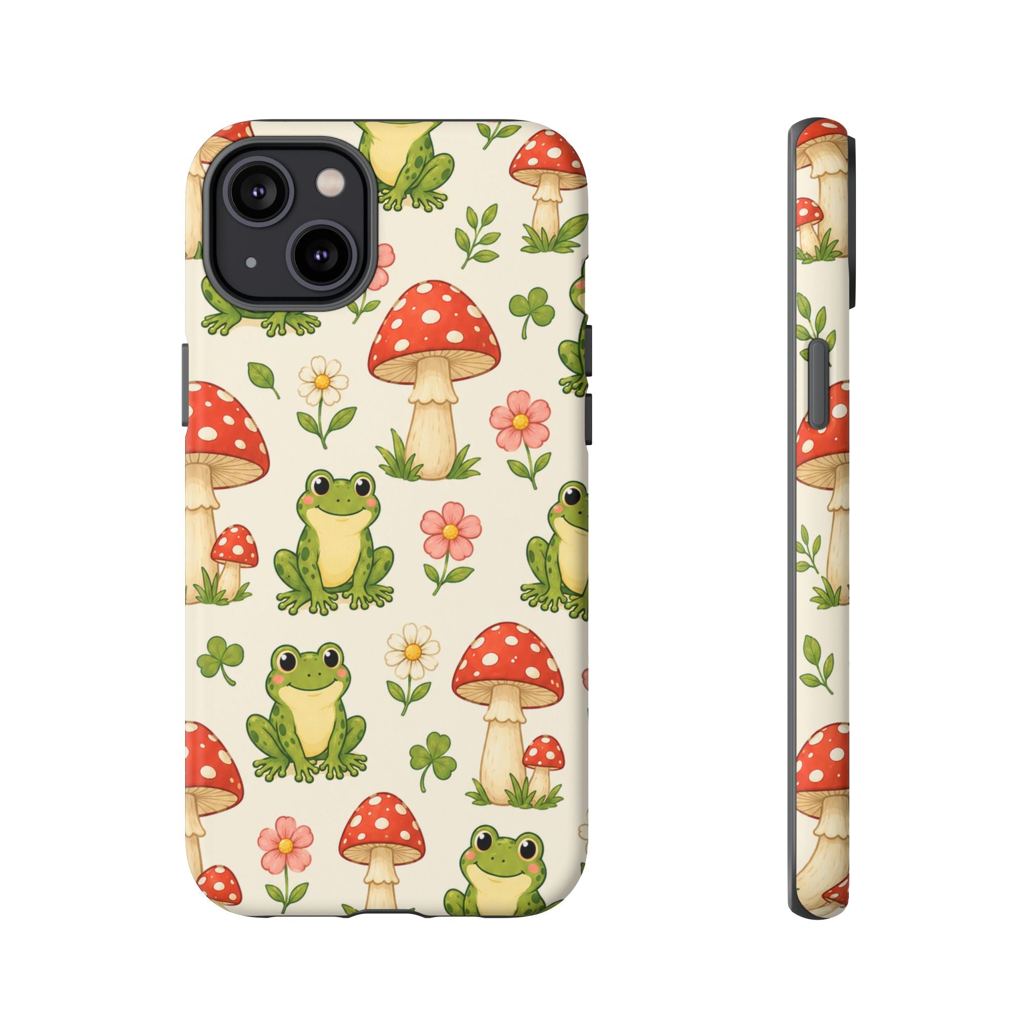 Kawaii Frog & Red Capped Mushroom Phone Case – Cute Nature Pattern Protective Cover