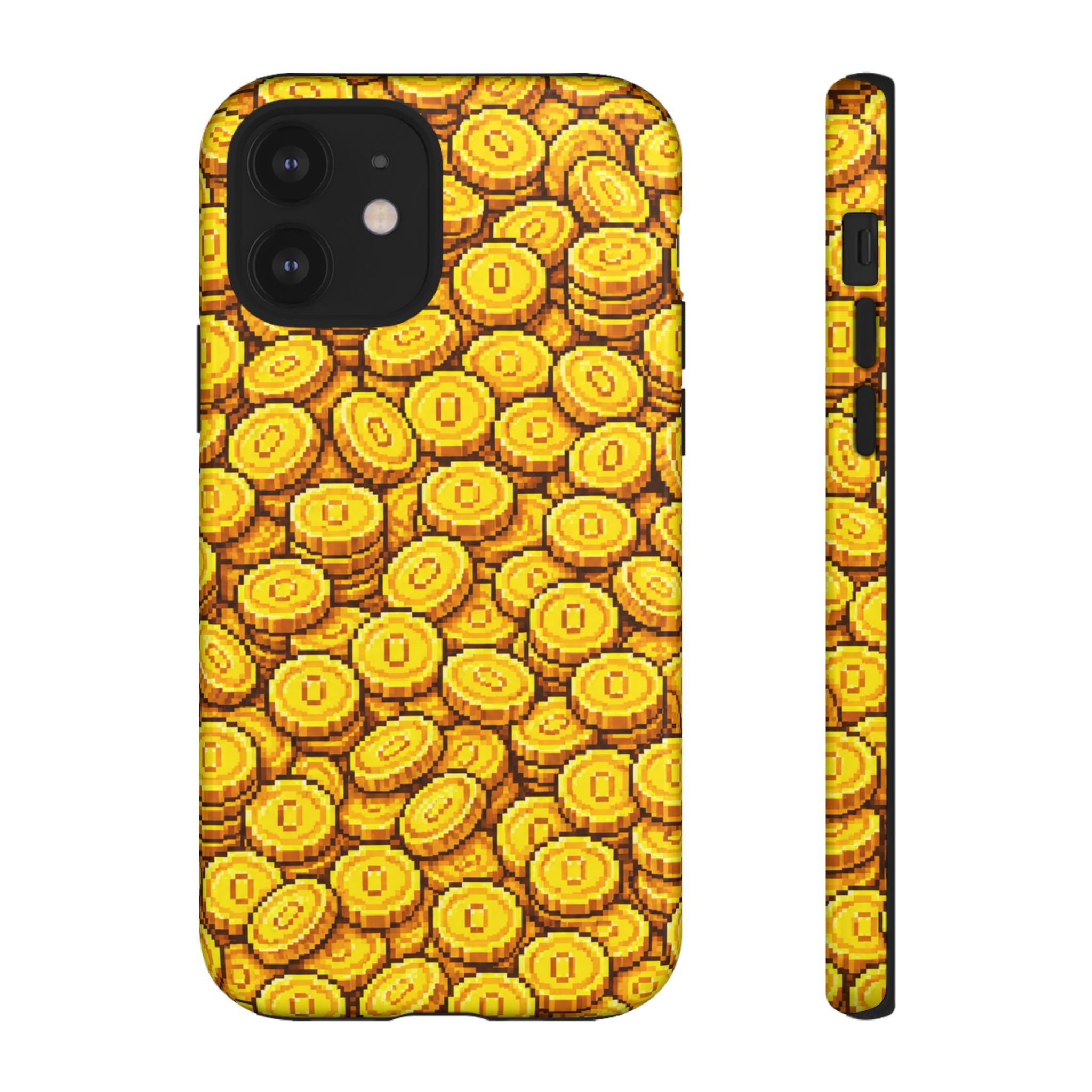 8bit Gamer Coin Pattern Phone Case – Retro Video Game Gold Treasure Design
