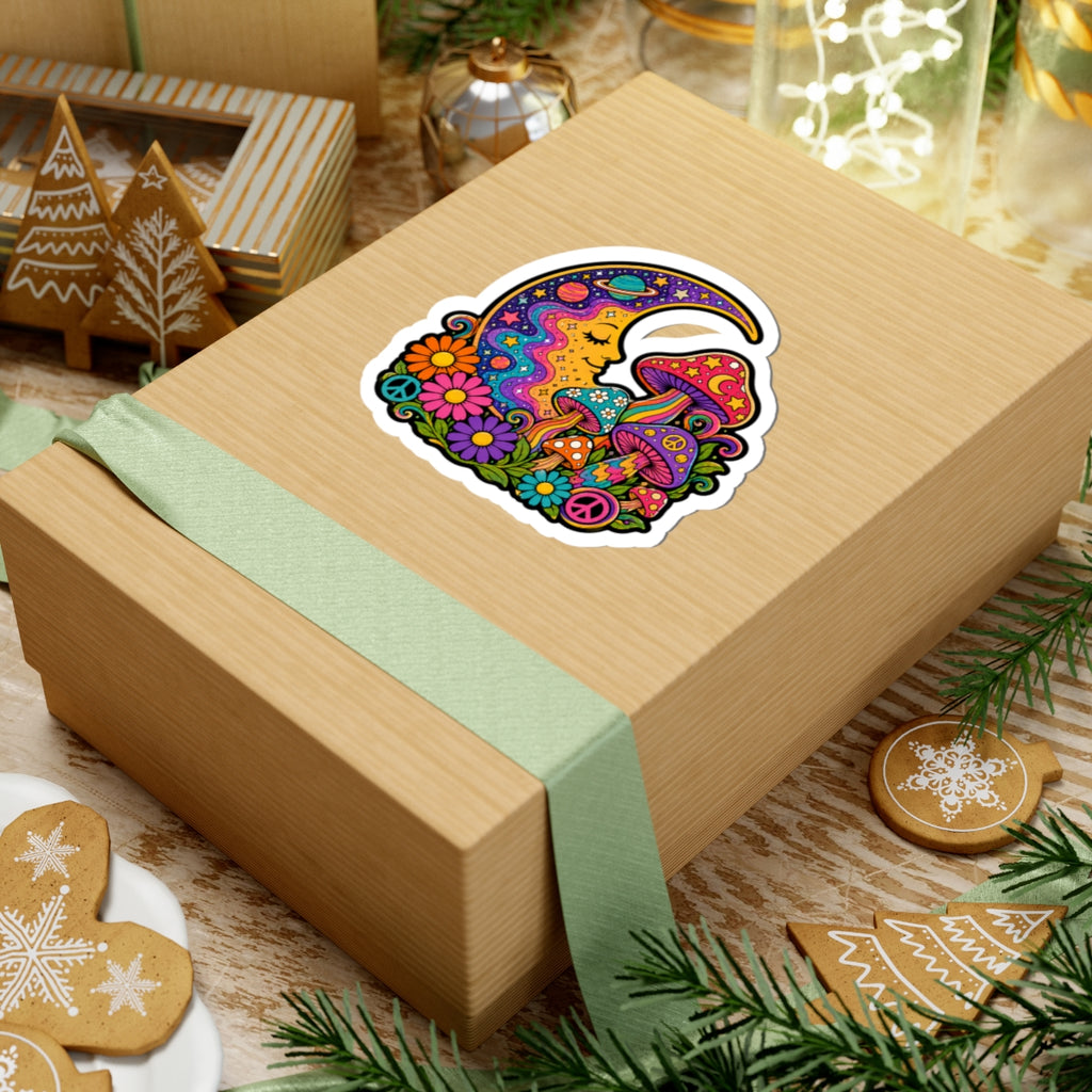 Psychedelic Moon & Mushroom Kiss-Cut Sticker — Retro Floral Peace Vibes