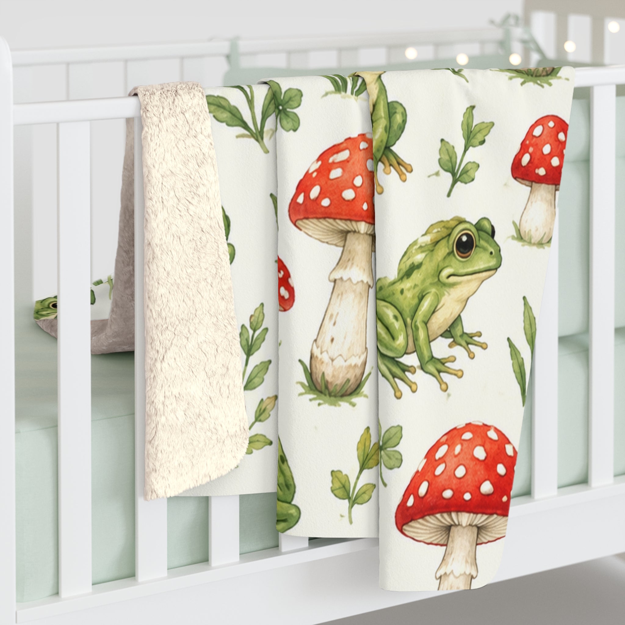 Frog & Toad Mushroom Sherpa Blanket — Cozy Woodland Throw