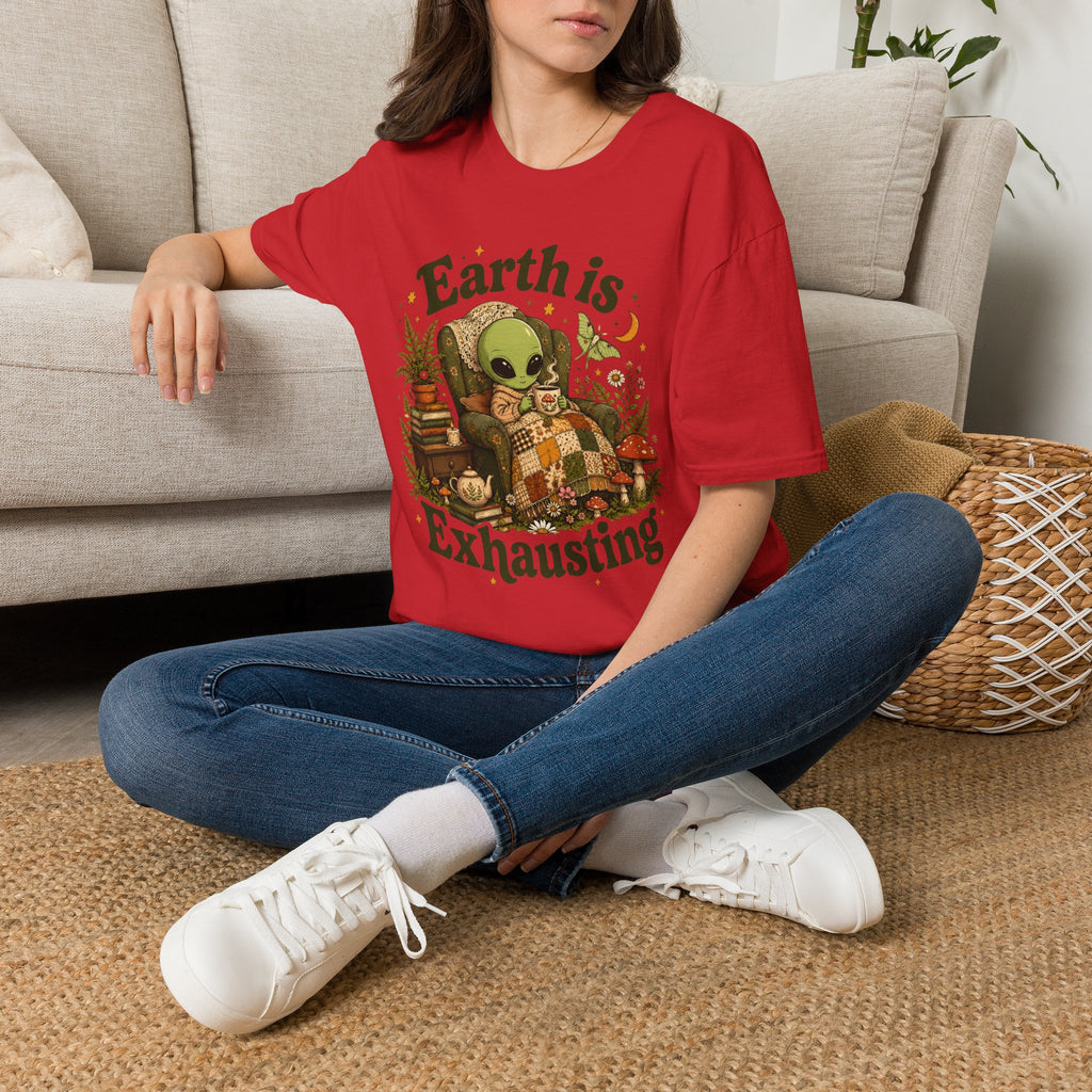 Earth Is Exhausting Alien T-Shirt — Cute Retro Cozy Space Graphic Tee