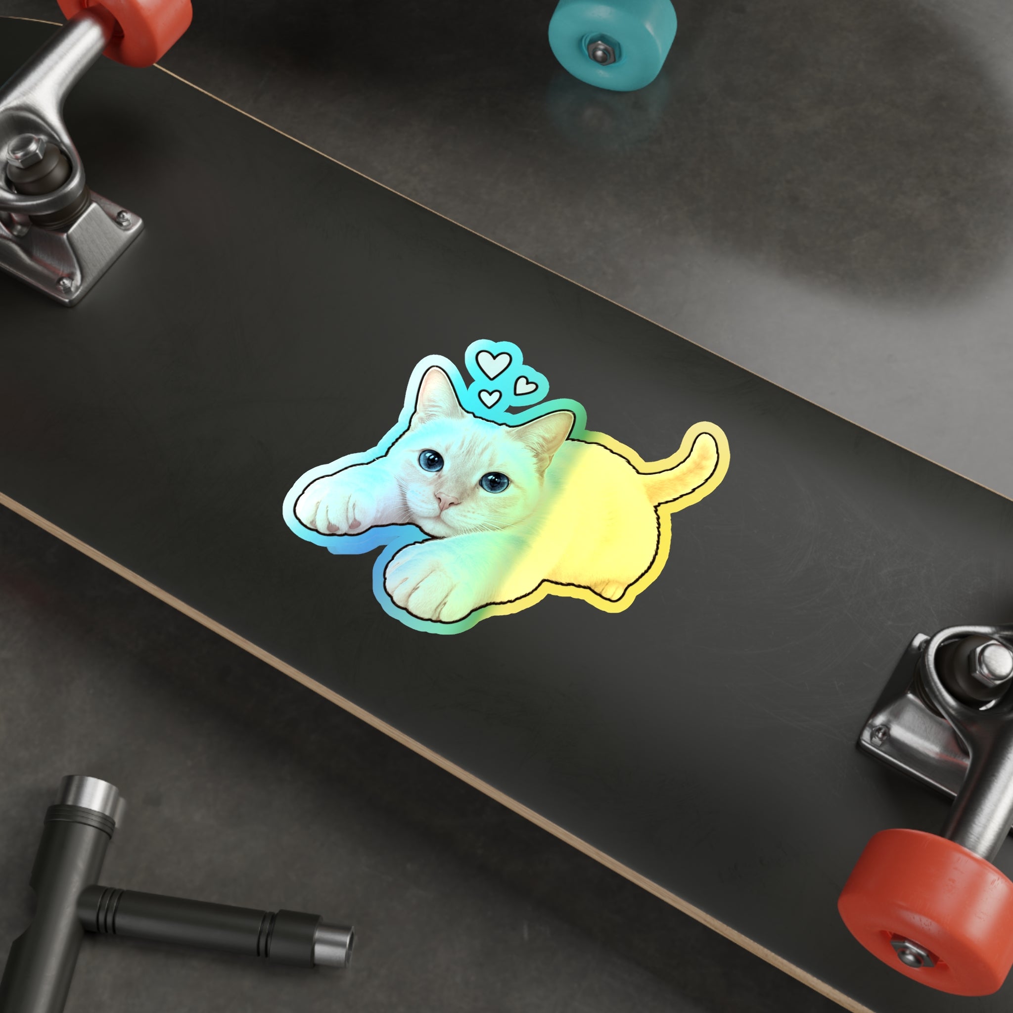 Holographic Cat Die-Cut Sticker — Cute Siamese Kitten with Hearts