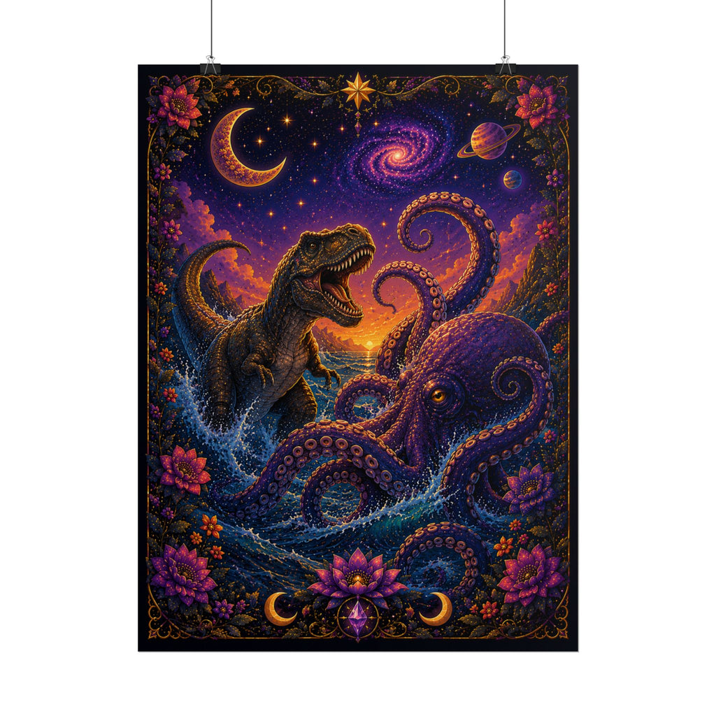 T-Rex vs. Kraken Cosmic Art Poster — Psychedelic Dinosaur Print