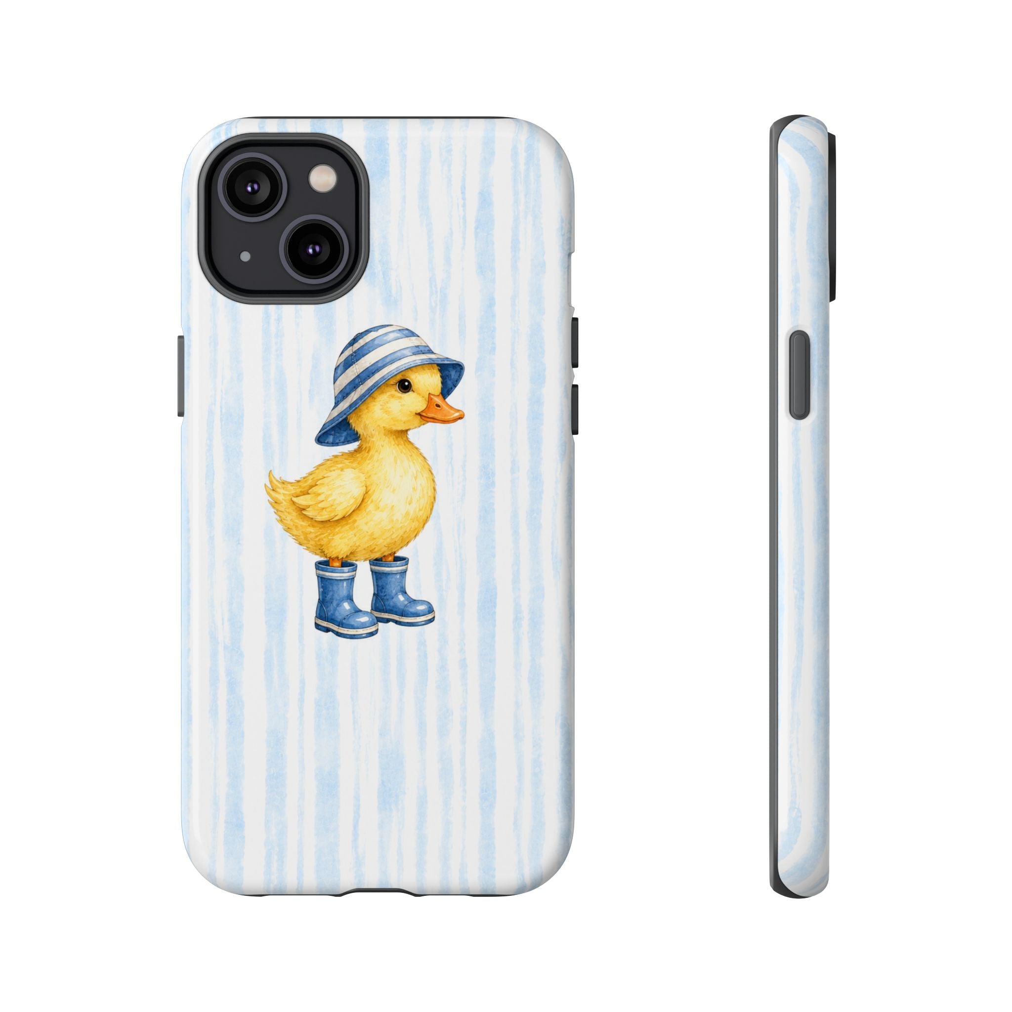 Cute Duckling Phone Case – Baby Blue Stripes with Duck in Hat & Boots