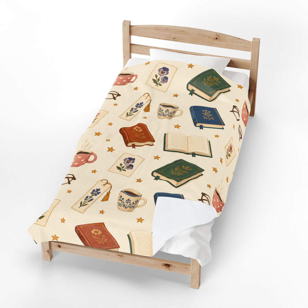 Reading Nook Velveteen Plush Blanket — Cozy Book & Tea Pattern Throw