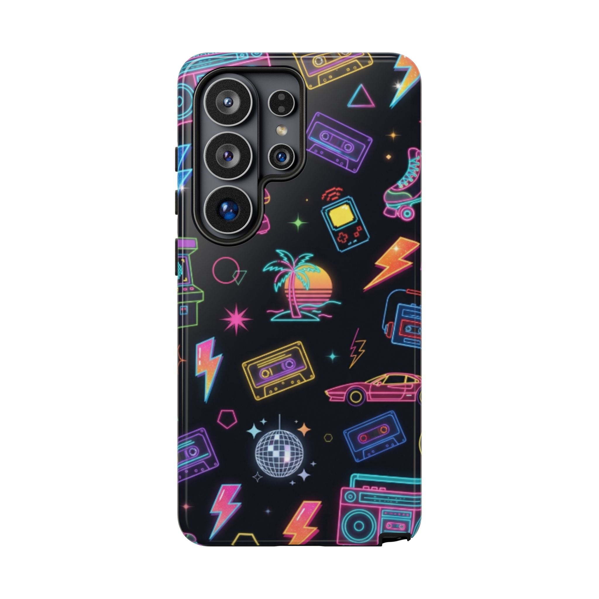 Retro Neon 80s Phone Case — Cassette, Roller Skate & Palm Tree Pattern