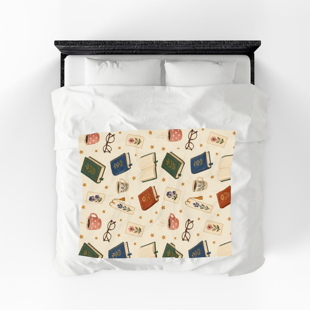 Reading Nook Velveteen Plush Blanket — Cozy Book & Tea Pattern Throw
