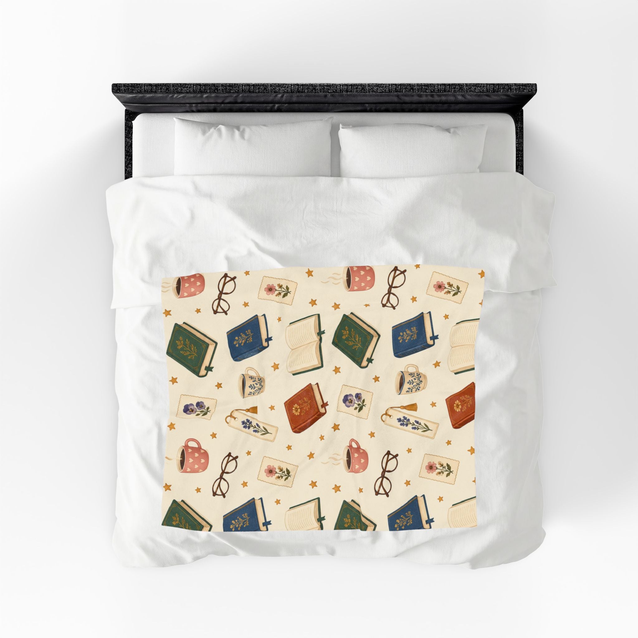 Reading Nook Velveteen Plush Blanket — Cozy Book & Tea Pattern Throw