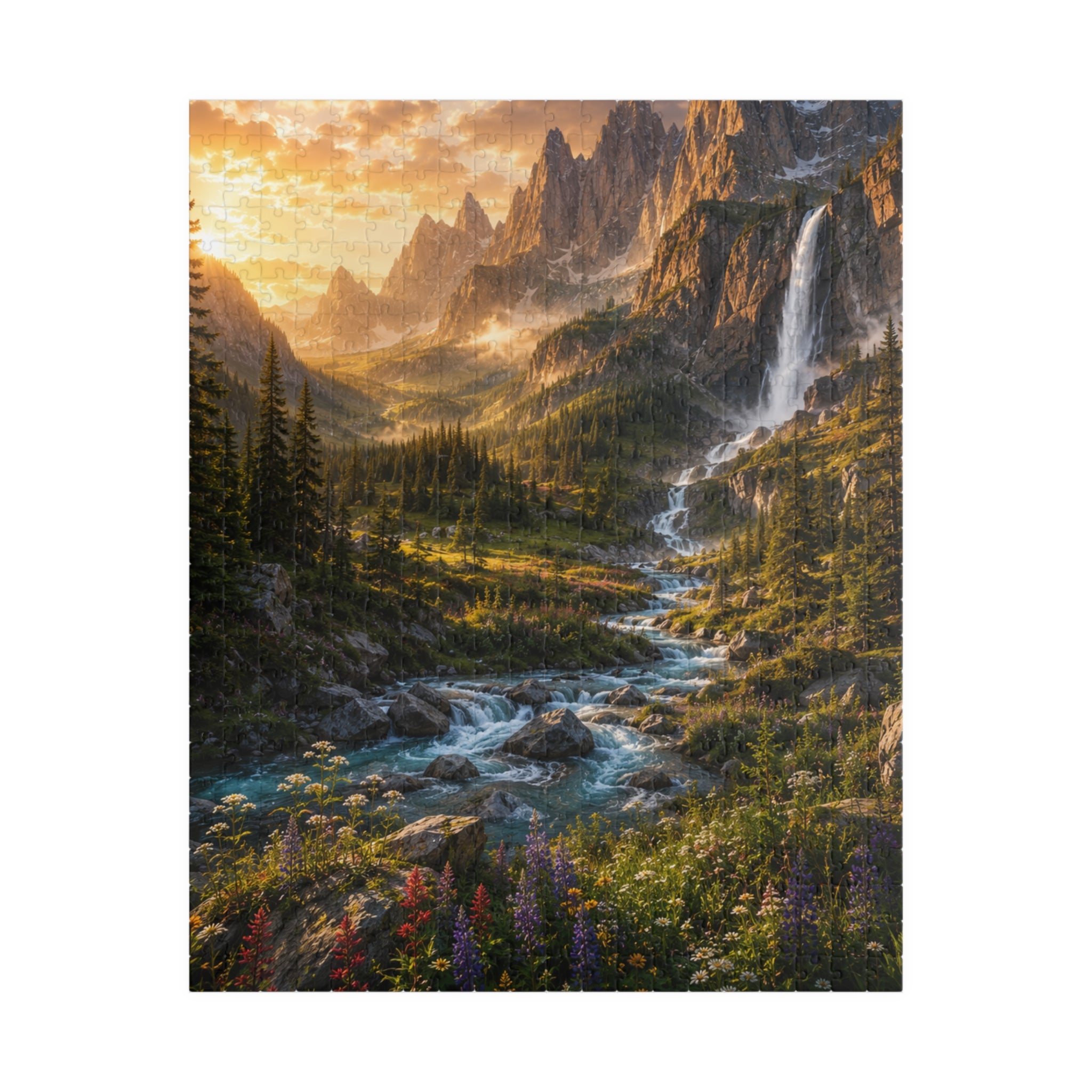 Mountain Valley Waterfall Jigsaw Puzzle — Scenic Nature Landscape Puzzle (110/252/520/1014 pcs)
