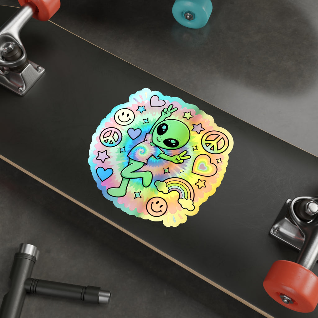 Holographic Alien Peace Sticker — Tie-Dye Vibe Die-Cut Sticker #06