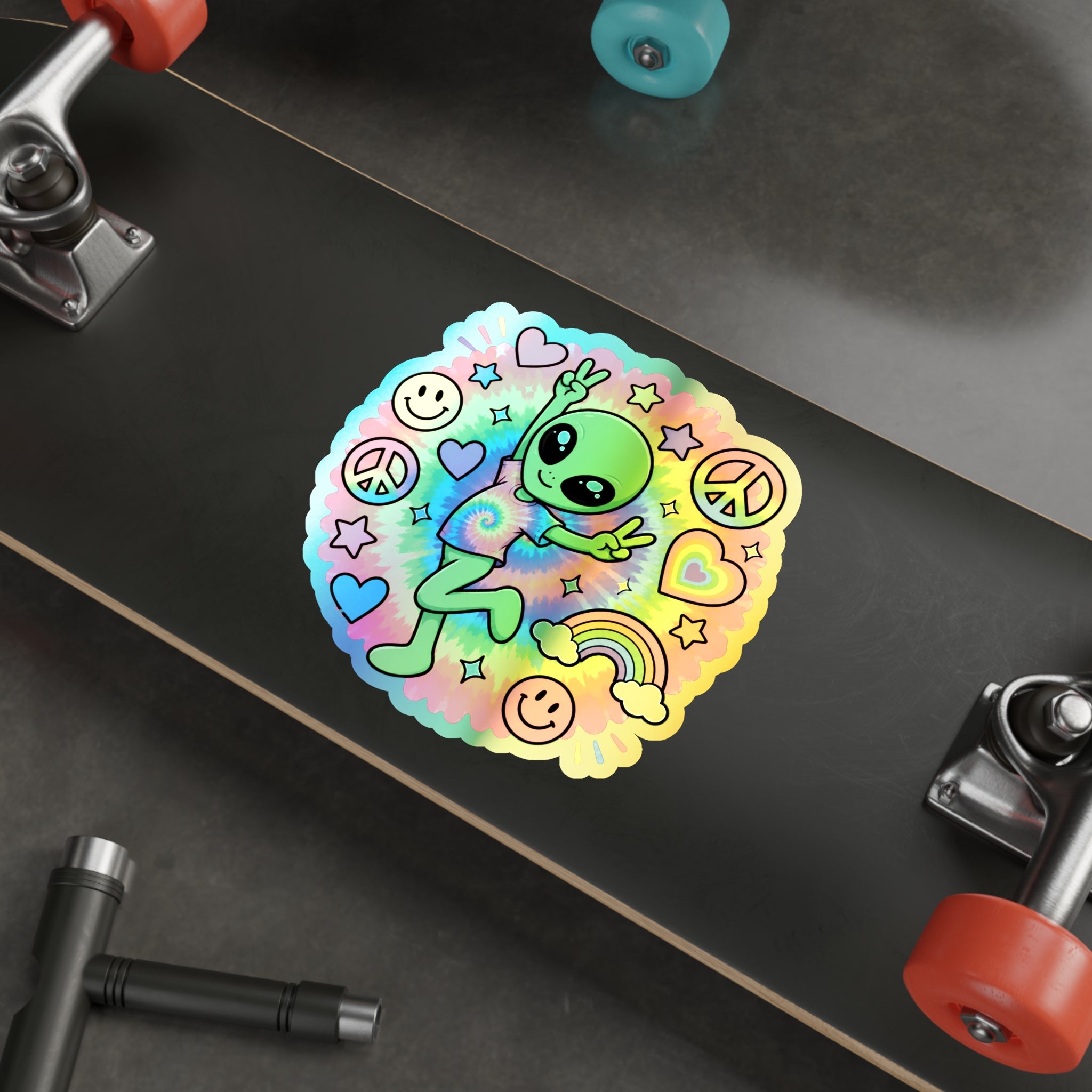 Holographic Alien Peace Sticker — Tie-Dye Vibe Die-Cut Sticker #06
