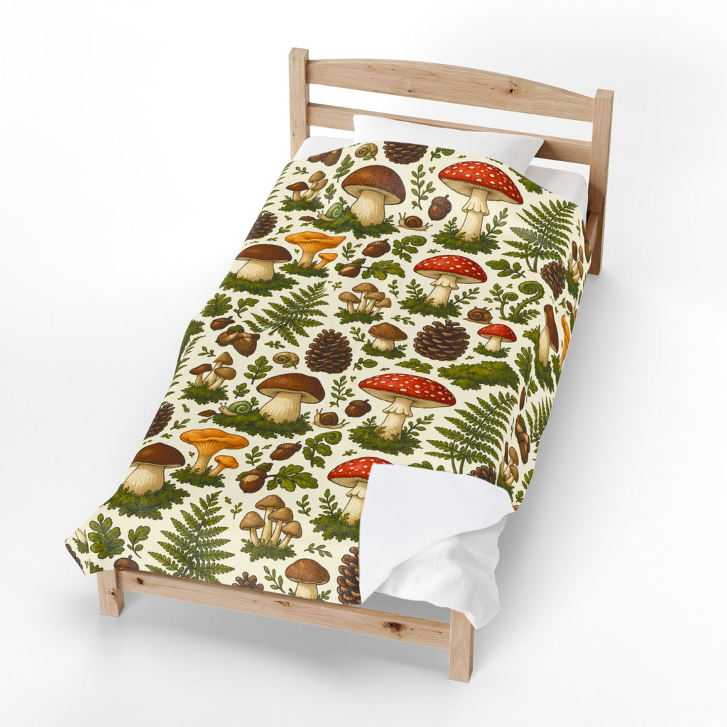 Mushroom Forest Velveteen Plush Blanket – Cozy Woodland Throw with Ferns & Pines