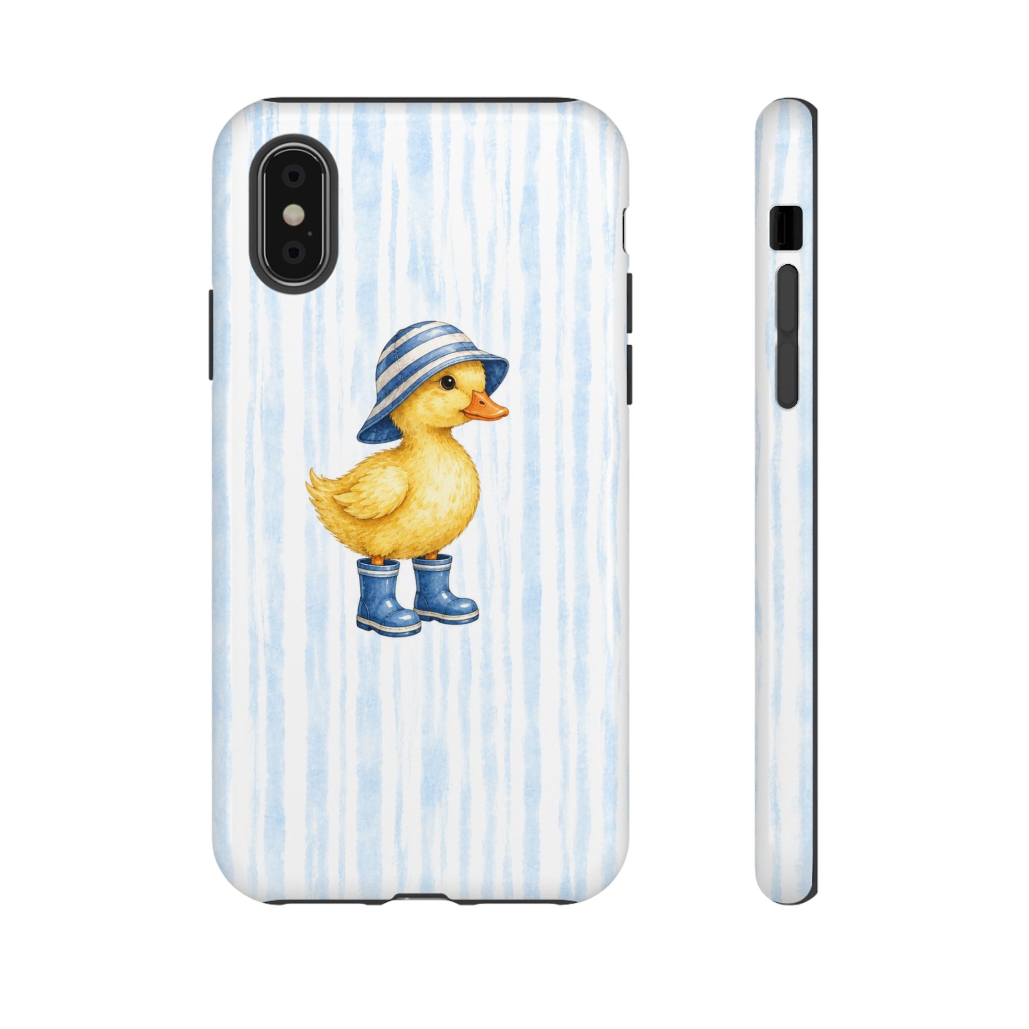 Cute Duckling Phone Case – Baby Blue Stripes with Duck in Hat & Boots