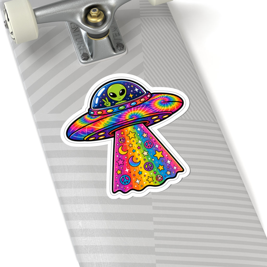 Psychedelic Alien UFO Sticker — Rainbow Tie-Dye Peace & Stars Kiss-Cut