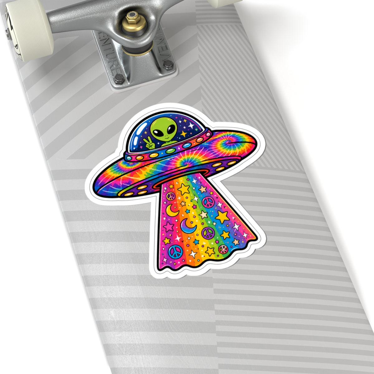 Psychedelic Alien UFO Sticker — Rainbow Tie-Dye Peace & Stars Kiss-Cut