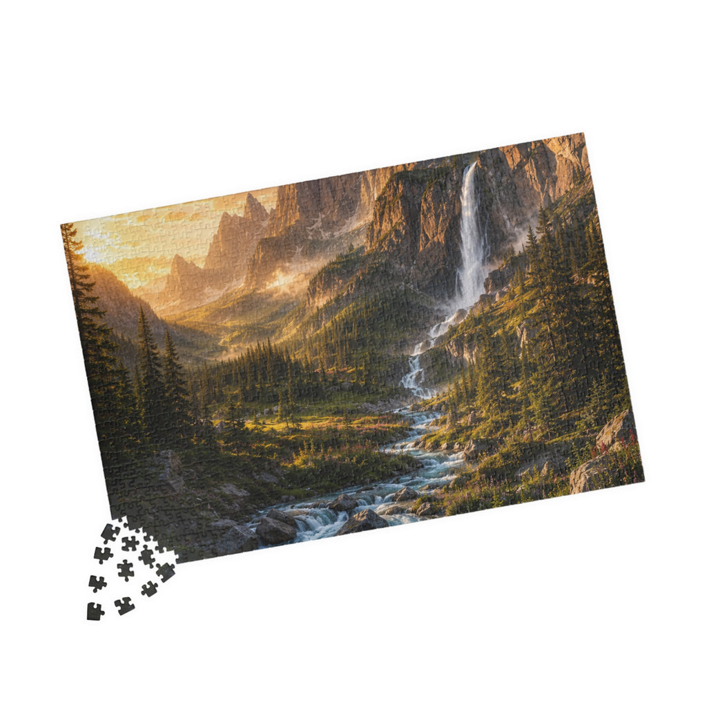 Mountain Valley Waterfall Jigsaw Puzzle — Scenic Nature Landscape Puzzle (110/252/520/1014 pcs)