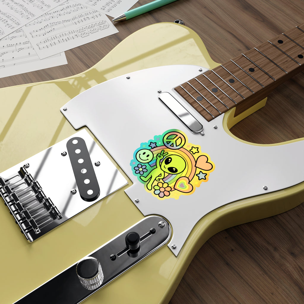 Holographic Alien Peace Sticker — Rainbow Die-Cut Vinyl #02