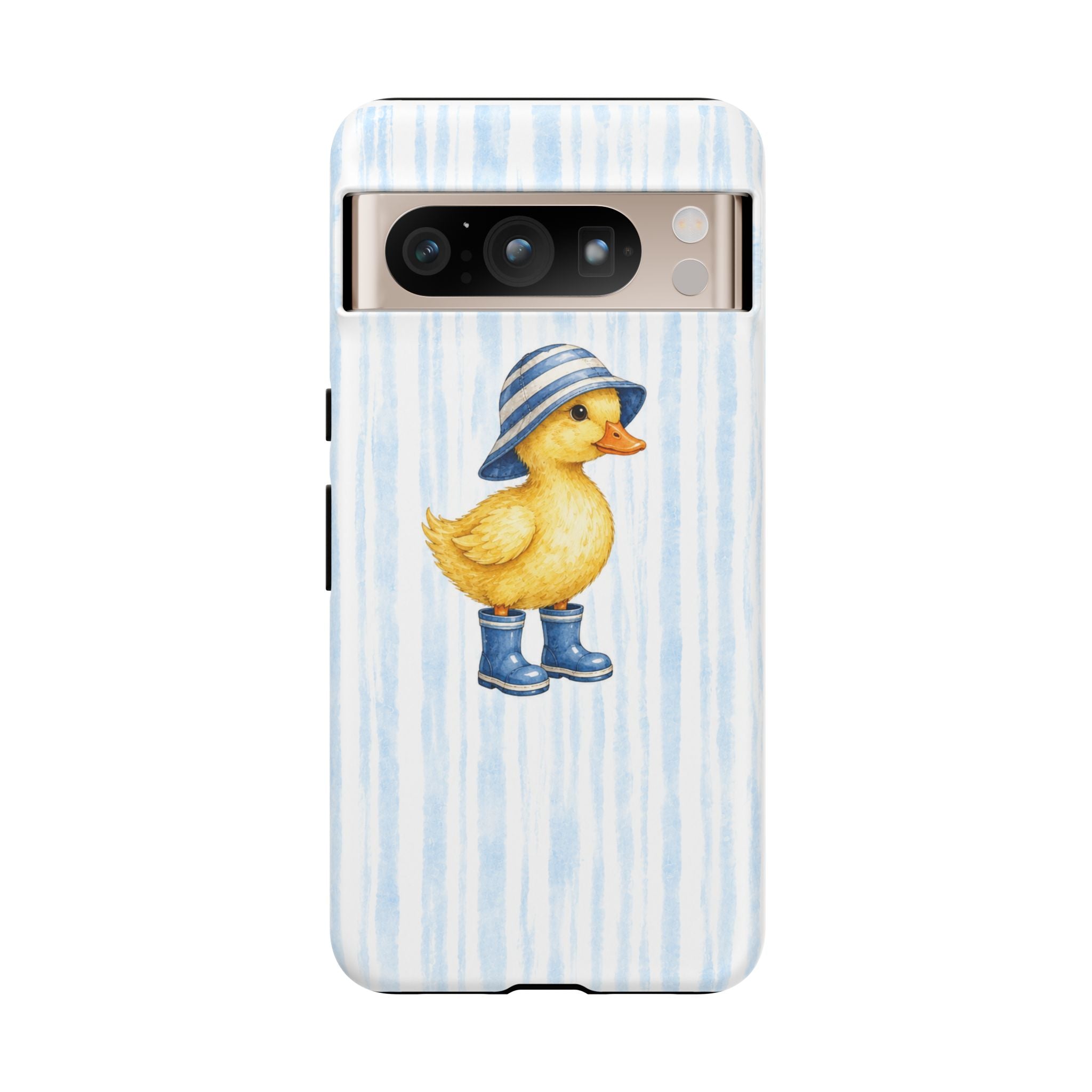 Cute Duckling Phone Case – Baby Blue Stripes with Duck in Hat & Boots