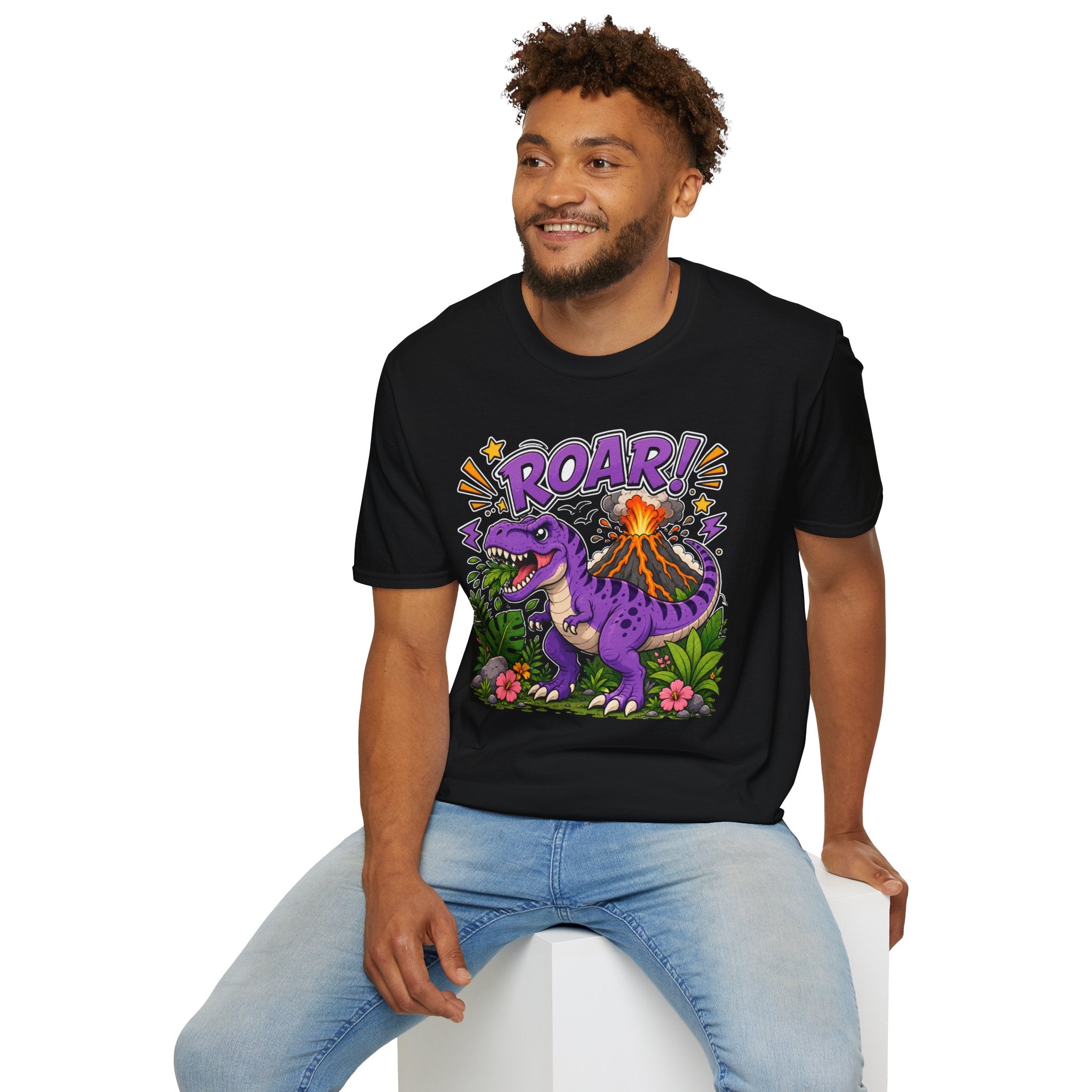 T-Shirt — 'ROAR!' Purple Dinosaur Volcano Graphic Tee