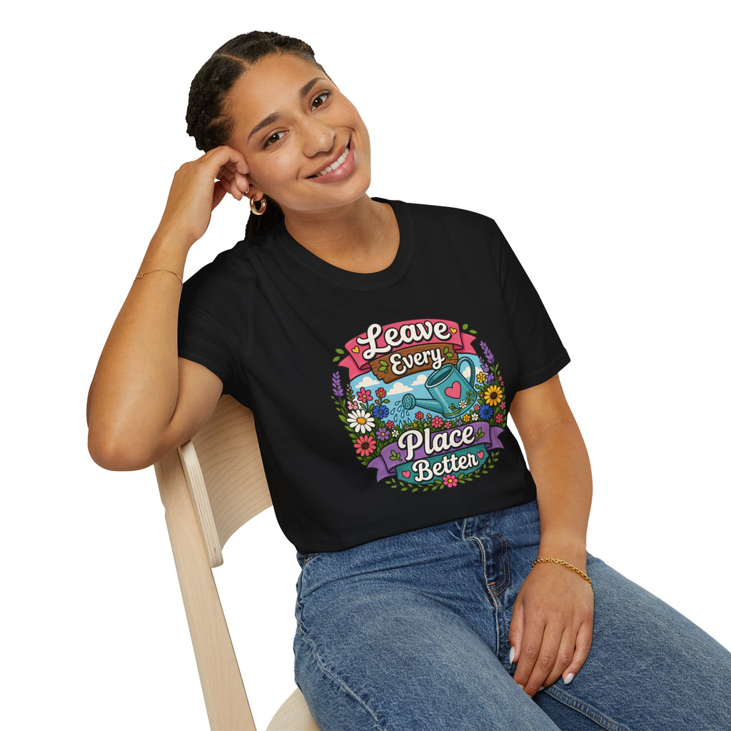 Leave Every Place Better T-Shirt — Floral Watering Can Eco-Friendly Tee