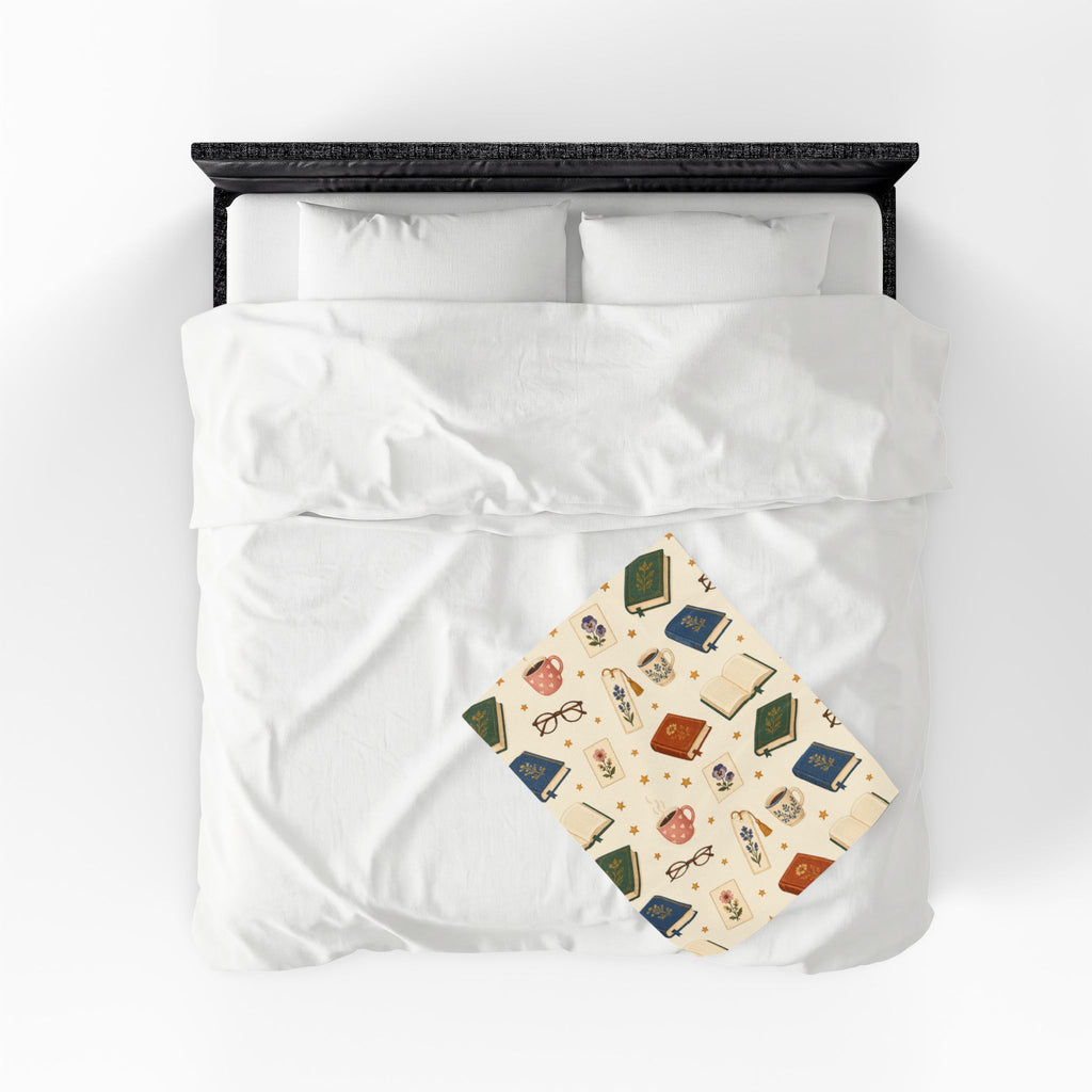 Reading Nook Velveteen Plush Blanket — Cozy Book & Tea Pattern Throw